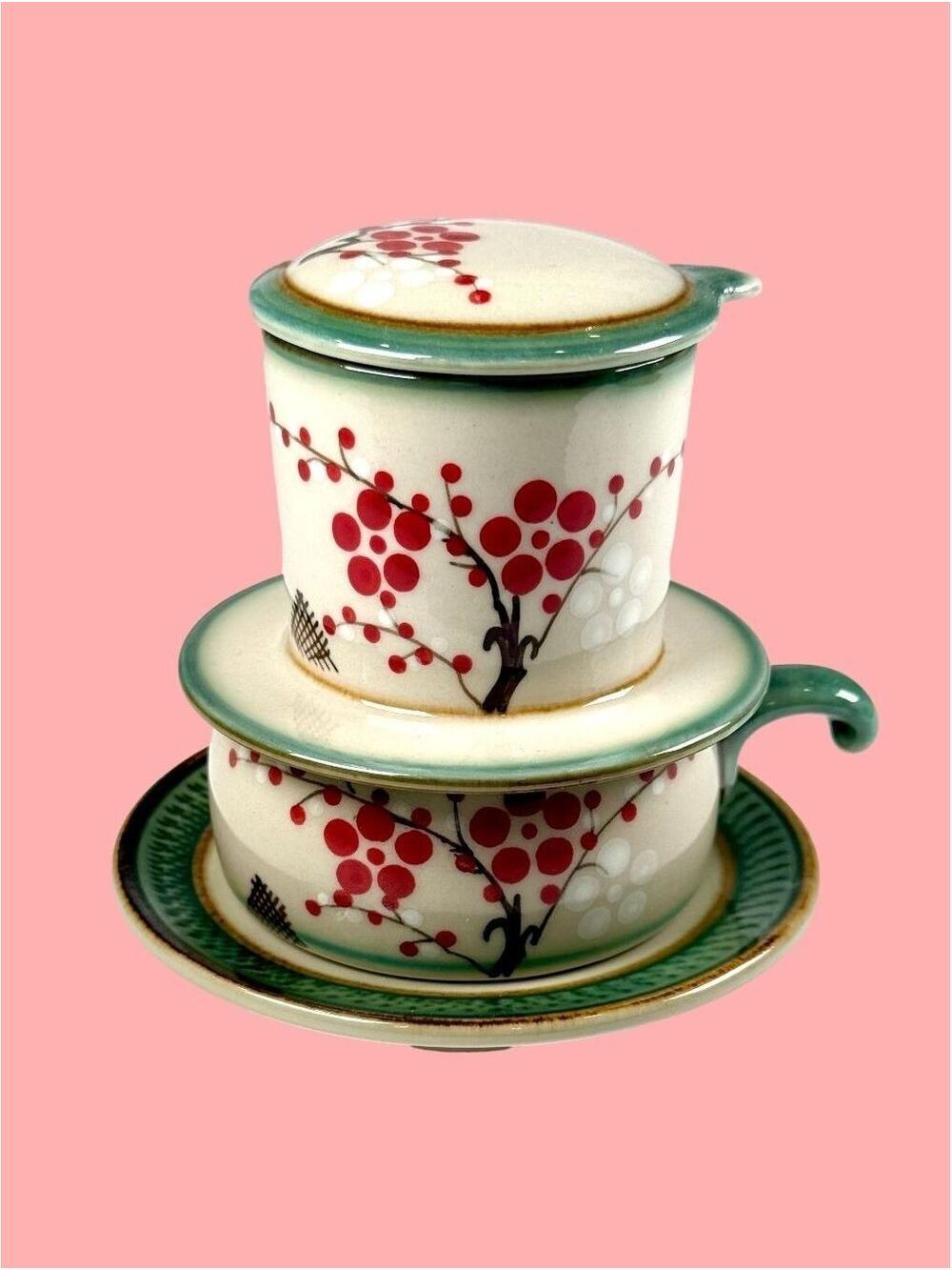 Bat Trang Vietnam Ceramic Phin Coffee Filter Set Cherry Blossom Drip Brewer
